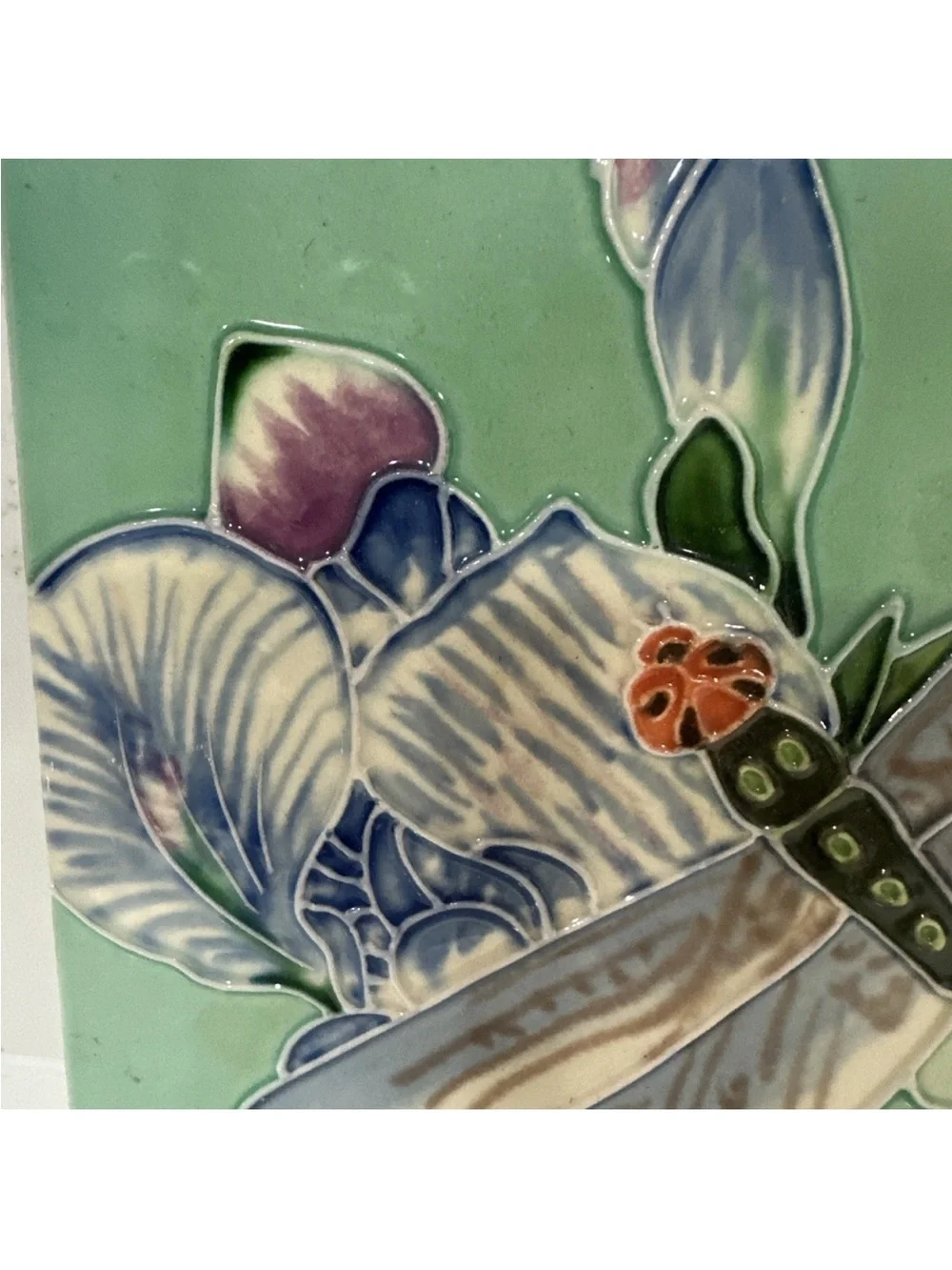 Ceramic Vintage Hand Painted Art Tile w/ Dragonfly Design Wall Hanging 8”x8”